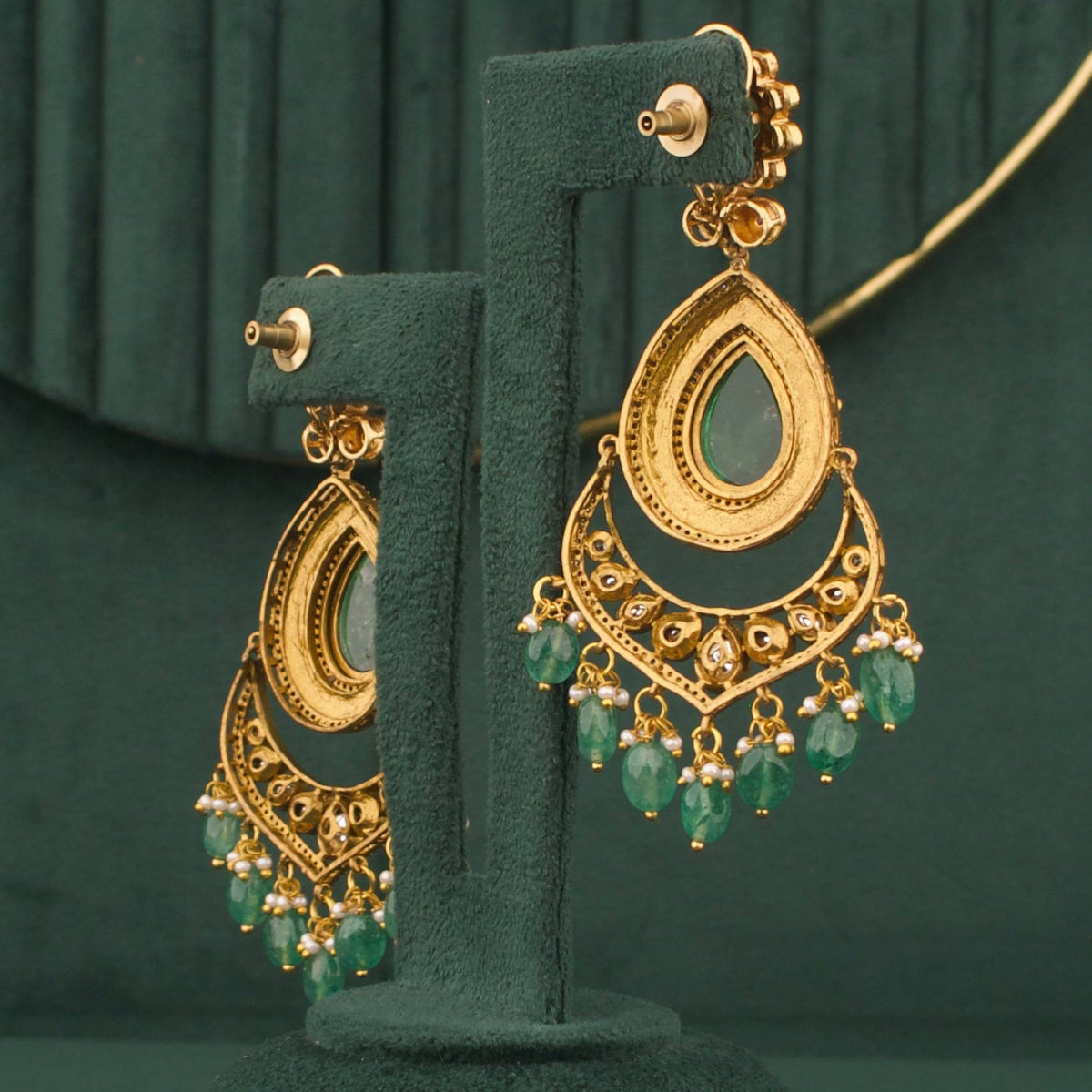 Elegant Victorian Polki Chandbali Earrings With Green Drops