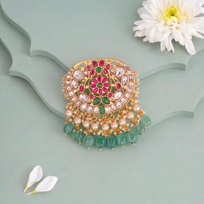 Floral Design Jadau Kundan Locket With Emerald Green Beads