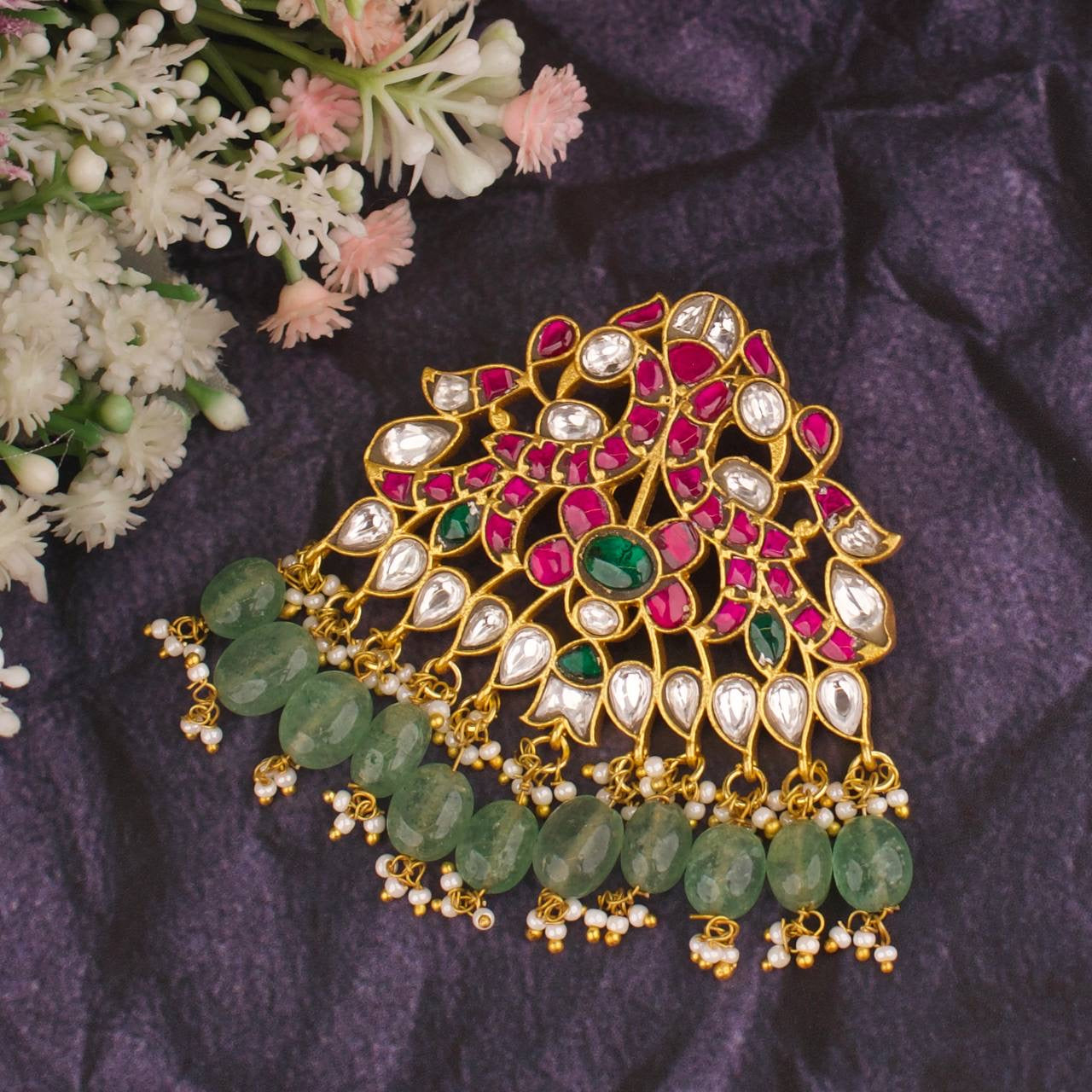 Gold Style Peacock Design Jadau Kundan Guttapusalu Pendant