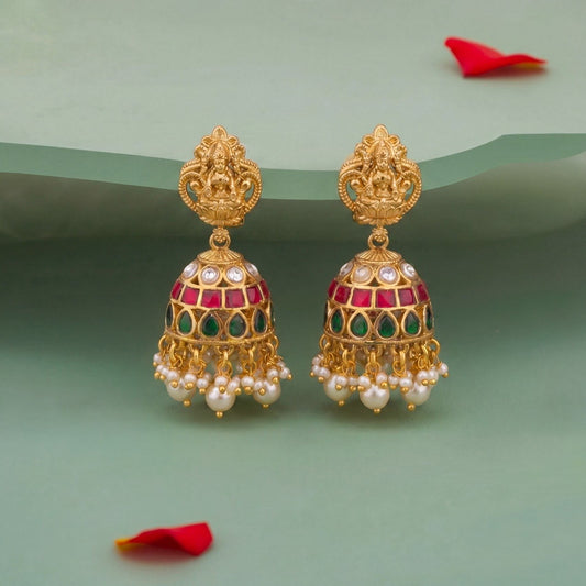 Temple Style Jadau Kundan Jhumki Earrings With Pearl Drops