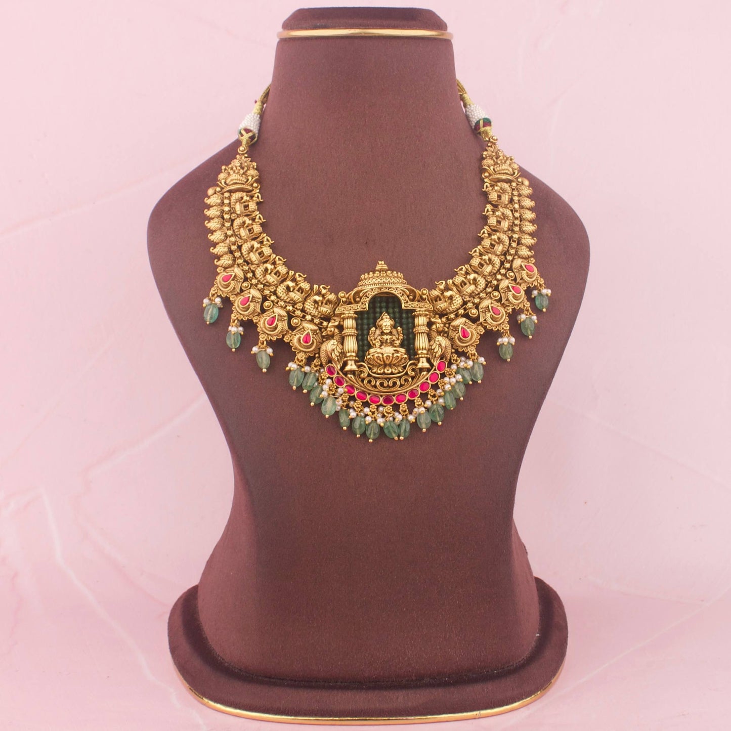 Gold Inspired Lakshmi Devi Necklace With Green Drops
