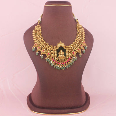 Gold Inspired Lakshmi Devi Necklace With Green Drops