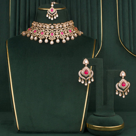 Premium antique gold Kundan Bridal Victorian Polki Choker Set With Earrings And Maangtika set