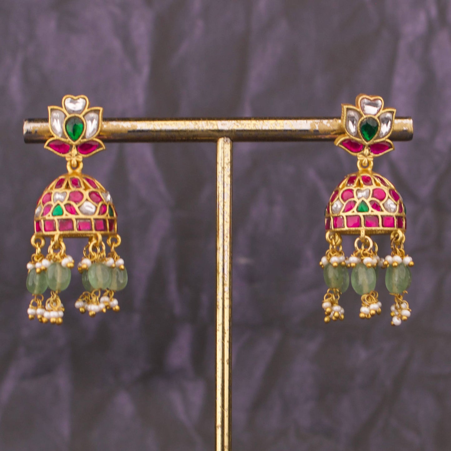 Lotus-Inspired Jadau Kundan Jhumka Earrings With Emerald Accents