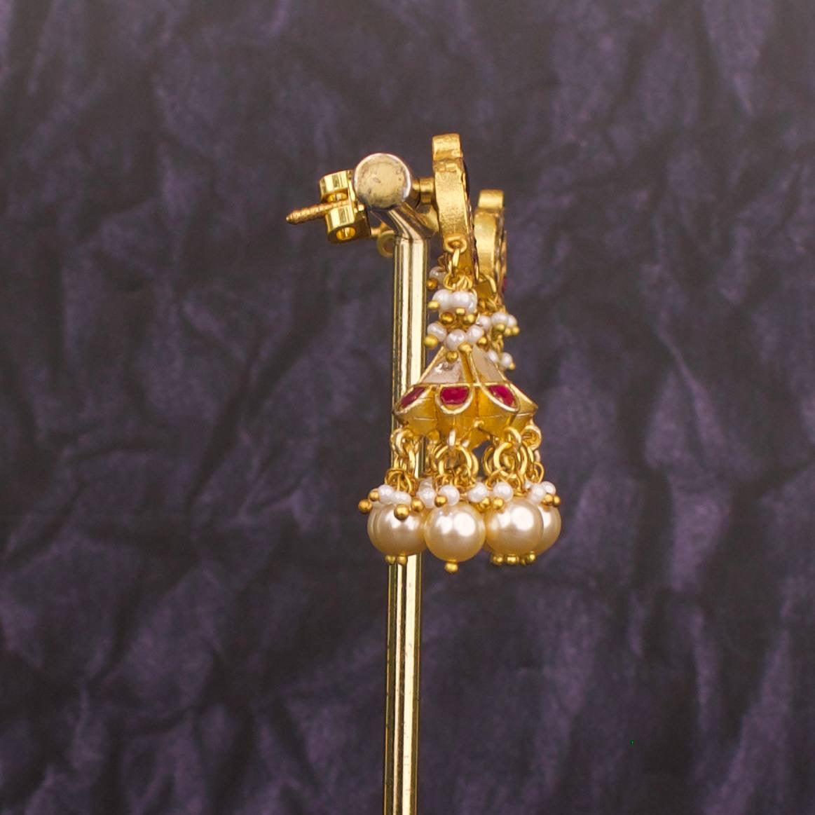 Simple Jadau Kundan Jhumki With Swarovski Pearl Hangings