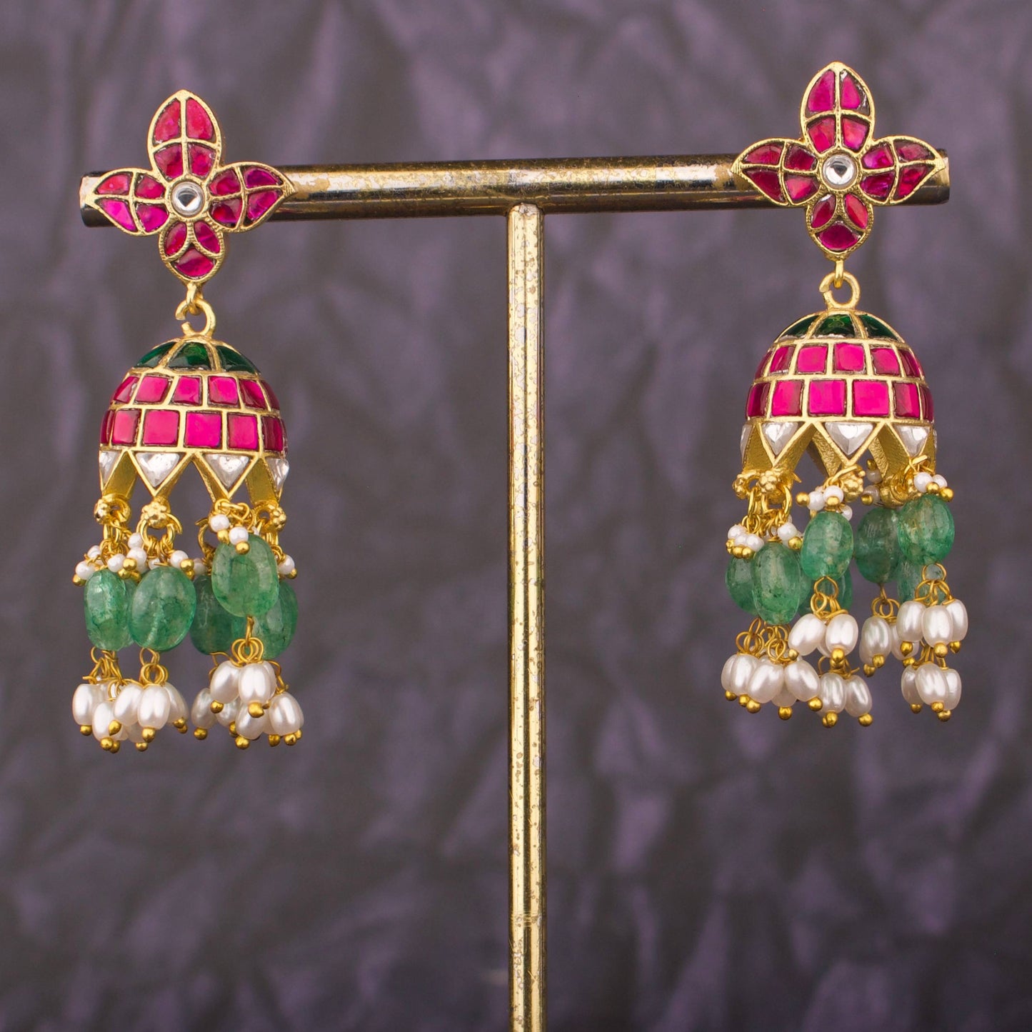 Classy Jadau Kundan Jhumka Earrings With Emerald Beads