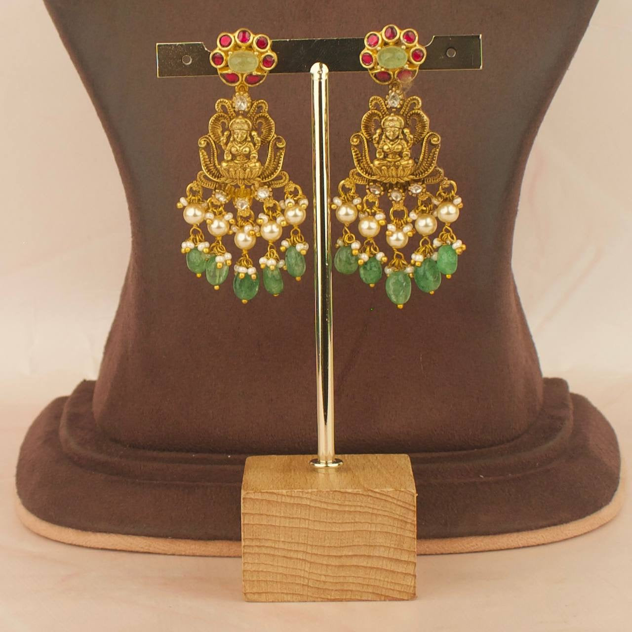 Divine Laxmi Devi jadau kundan nakshi earrings with pearls and green beads