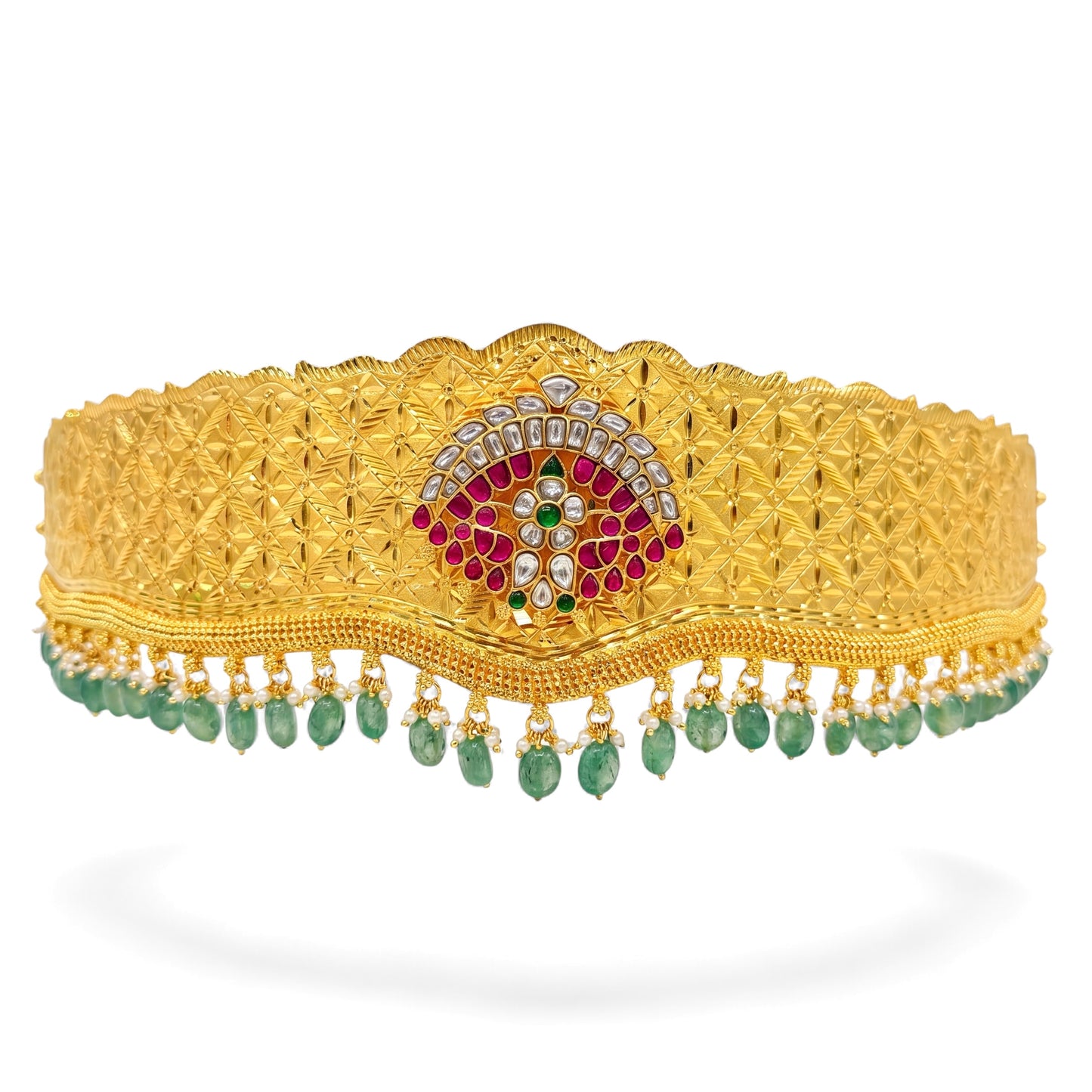 Classic Jadau Kundan Vaddanam With Green Bead Hangings