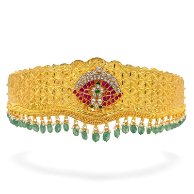 Classic Jadau Kundan Vaddanam With Green Bead Hangings