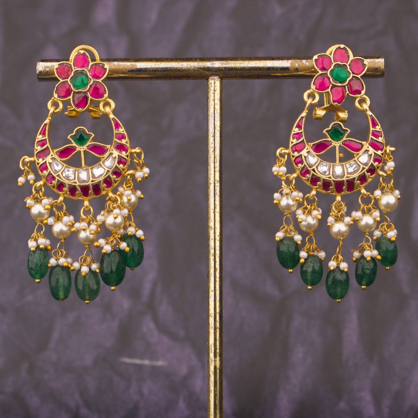Floral Design Jadau Kundan Chandbali Earrings With Emerald Beads