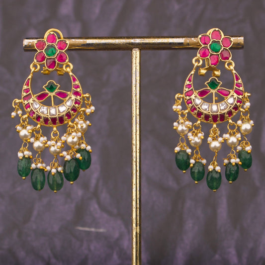 Floral Design Jadau Kundan Chandbali Earrings With Emerald Beads