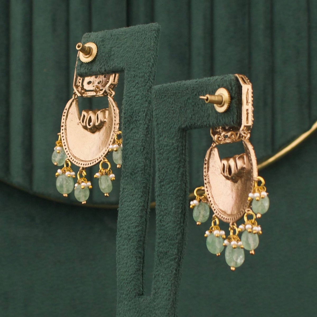 Regal Polki Mehandi Victorian Chand Bali Earrings Styling Angle View 6 - Dulhan Jewels
