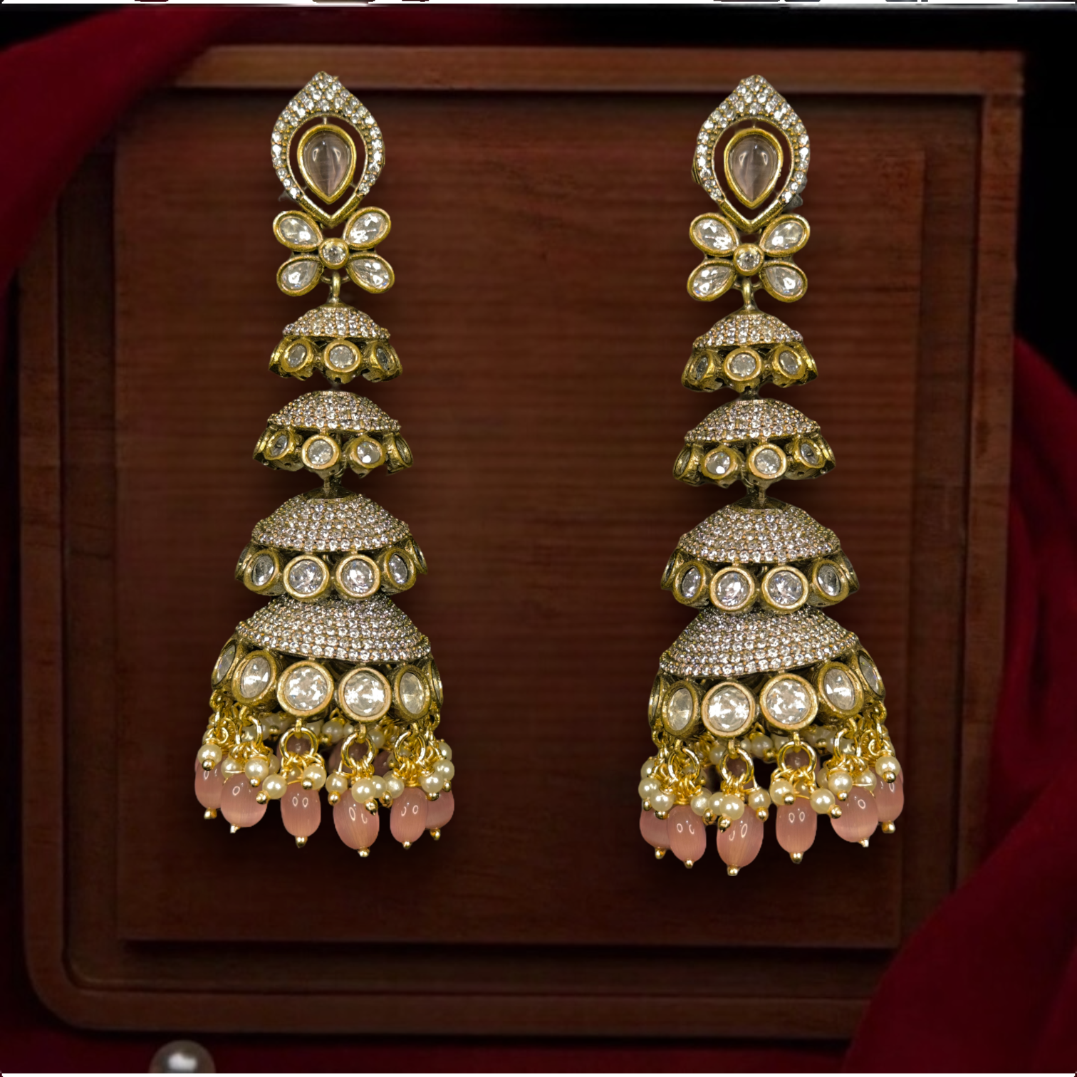 Victorian Multi-Layer Jhumka. This Victorian Jewellery is available in a Pink colour variant. 
