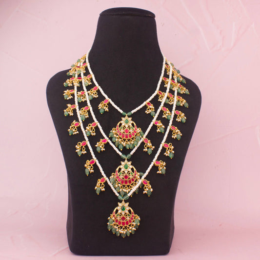 Premium Jadau Kundan Multi-Layer Pearl Mala With Ruby And Green Beads