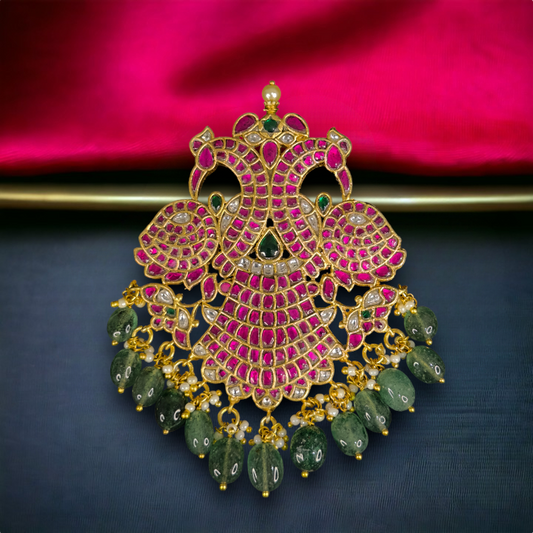 Royal Peacock Ruby Jadau Kundan Pendant with 22k Gold plating This product belongs to Jadau Kundan Jewellery