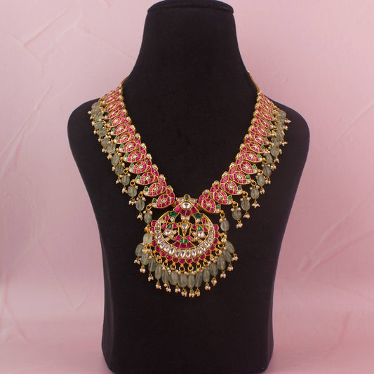 Latest Jadau Kundan Mango Necklace With Beads Hanging