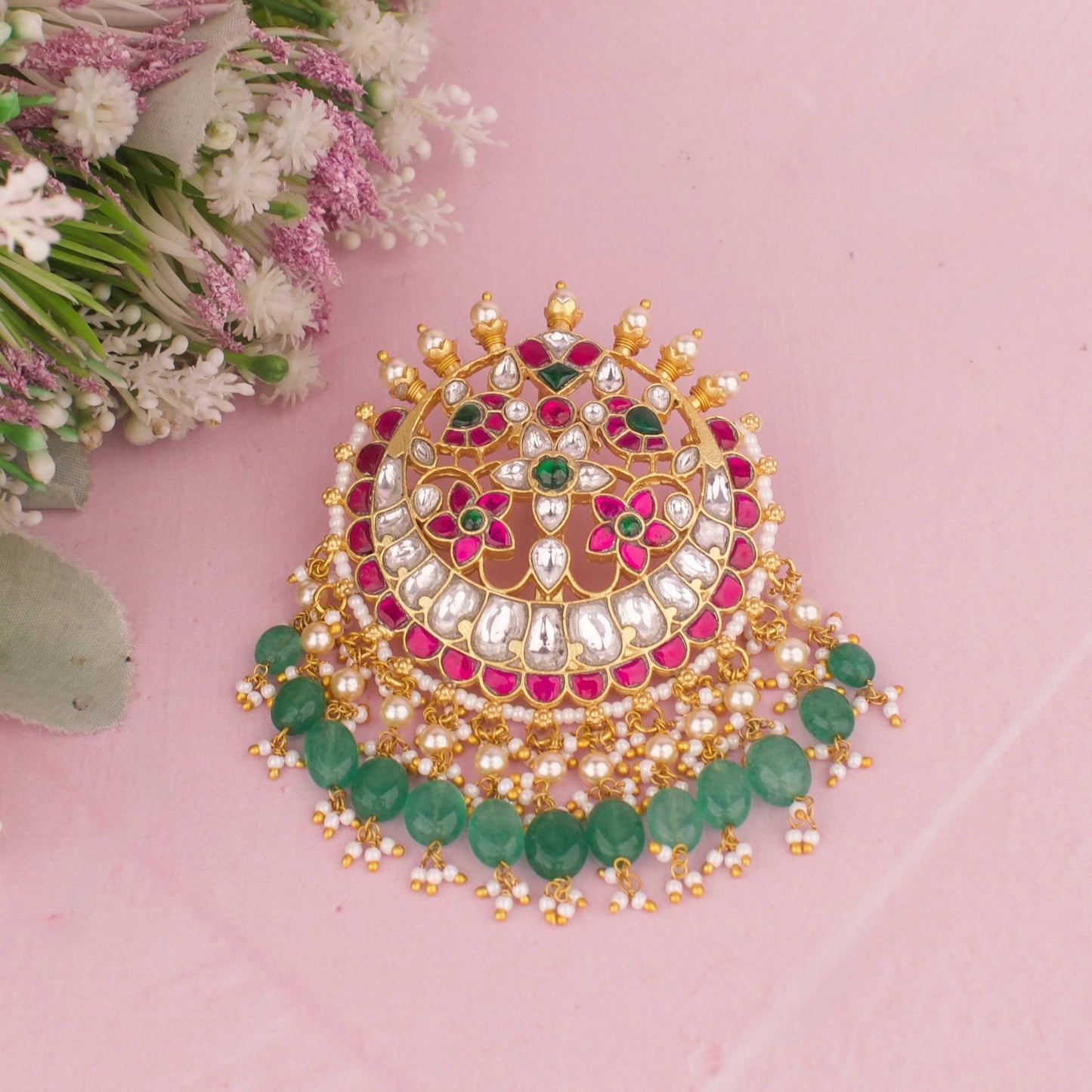 Opulent Jadau Kundan Floral Pendant With Emerald Beads