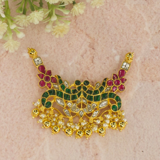 This 2 Peacock Multi colour Jadau Kundan pendant is suitable for Mangalsutras. At the bottom of pendant we have added Goldern balls and the entire pendant is covered in 22k gold plating