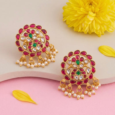 Gold Style Jadau Kundan Stud Earrings - Handcrafted Indian Bridal Jewelry by Dulhan Jewels