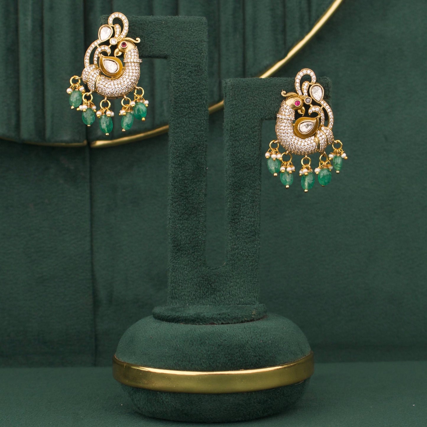 Classy Victorian Peacock Earrings With Green Beads