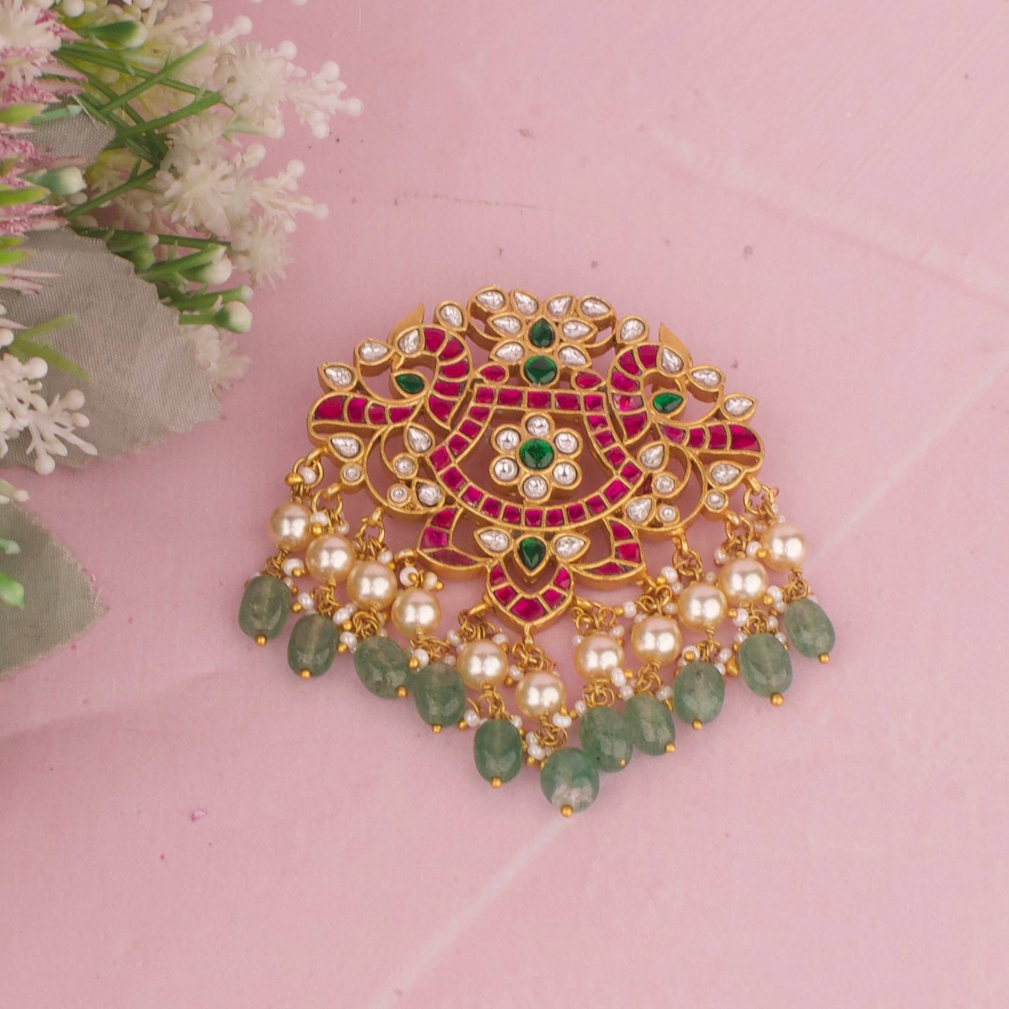 Peacock Floral Kundan Pendant With Emerald Beads