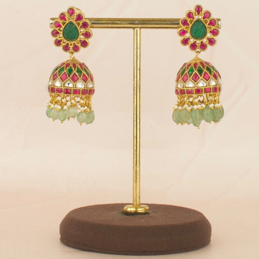 Impressive Design Jadau Kundan Jhumki with Green Beads