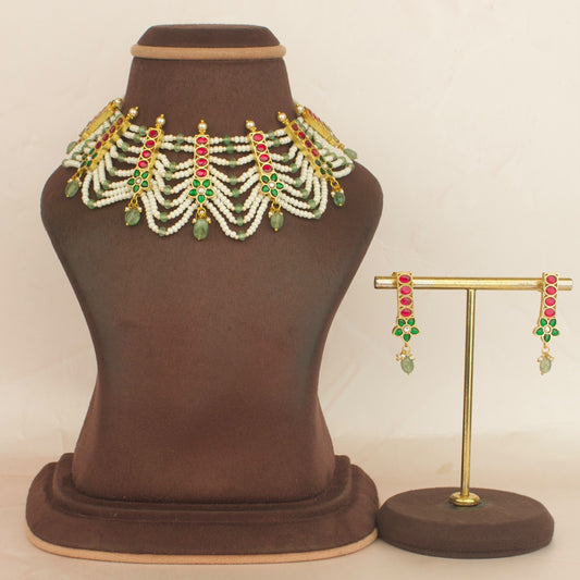 New Flower Design Jadau Kundan Beads Necklace with Earrings