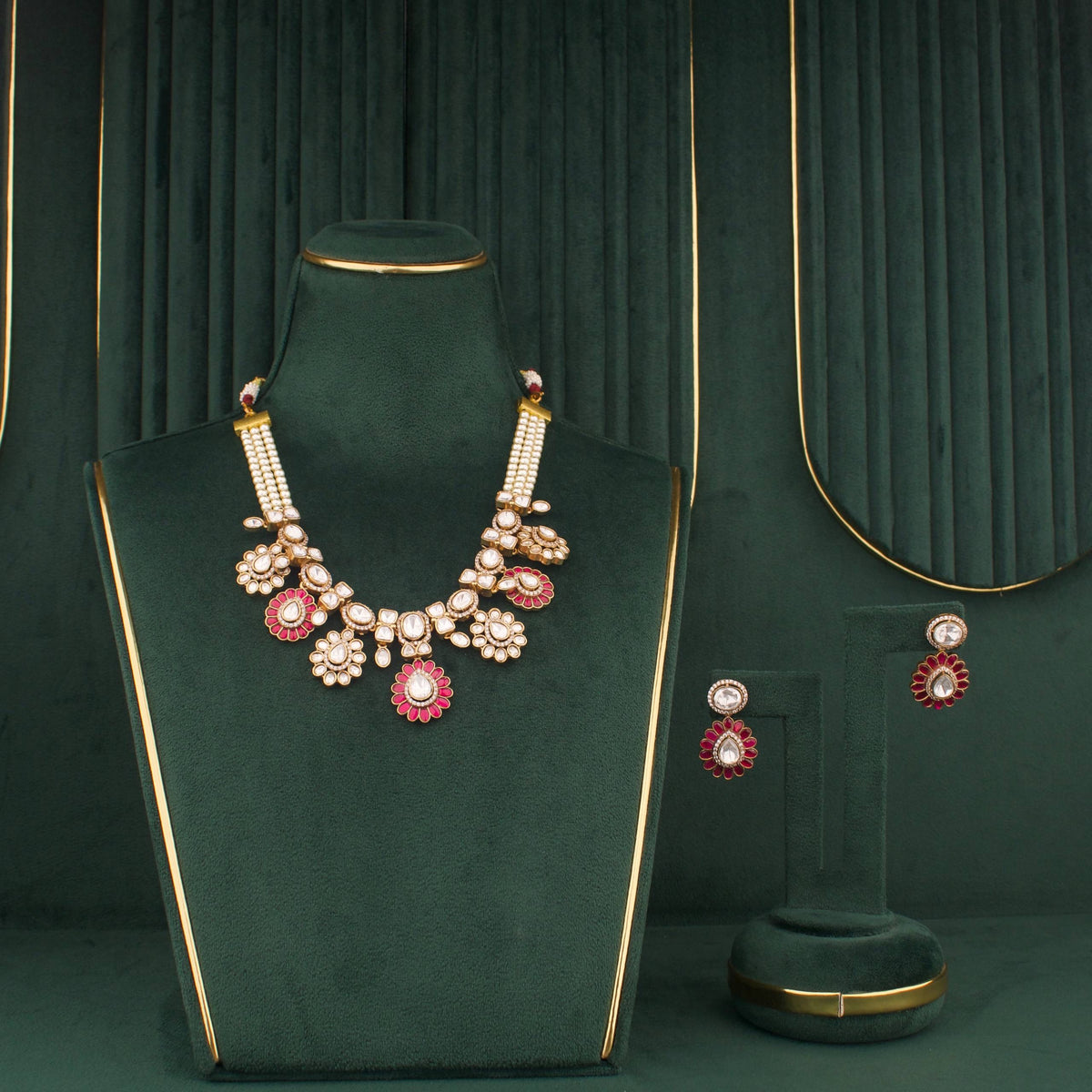 Victorian Polki Necklace Set With Floral Motifs And Matching Earrings