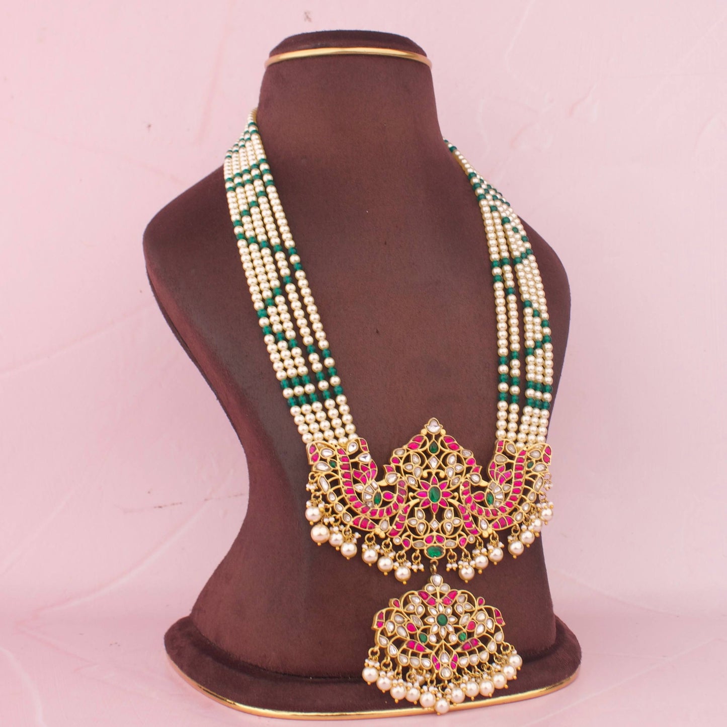 Exclusive Jadau Kundan Pearl Necklace With Green Beads And Pendant