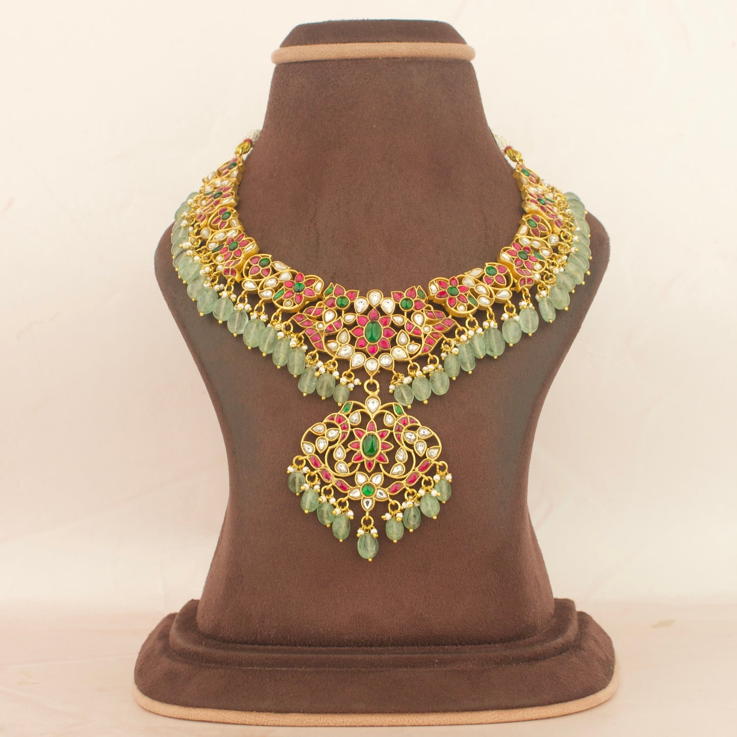 Gold Look Jadau Kundan Short Necklace with Green Beads As Hangings