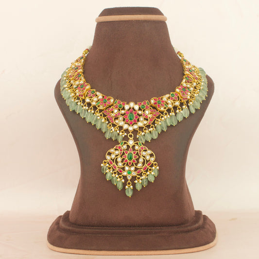 Gold Look Jadau Kundan Short Necklace with Green Beads As Hangings