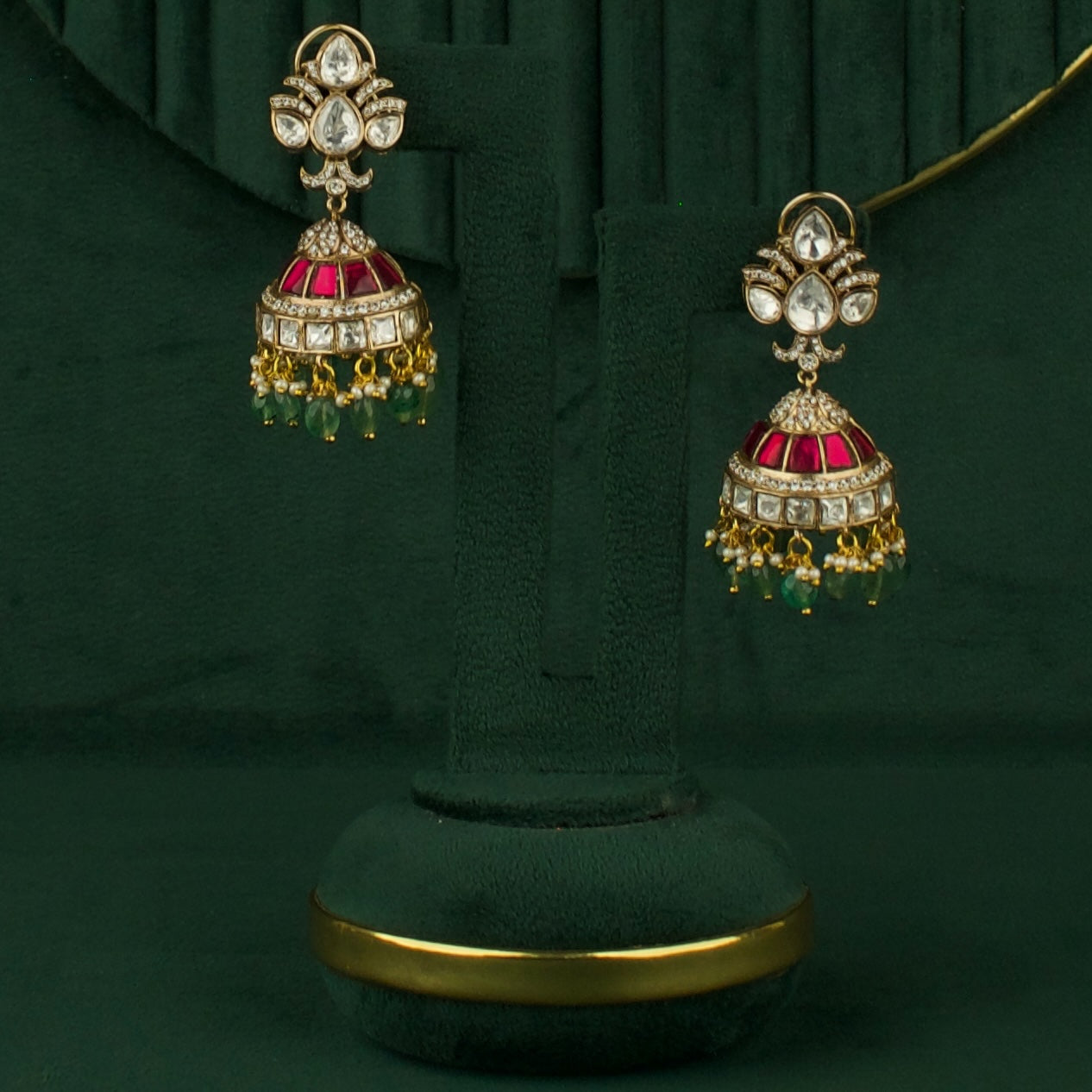 Spectacular Fusion Kundan & Polki Victorian Jhumki with Green Beads