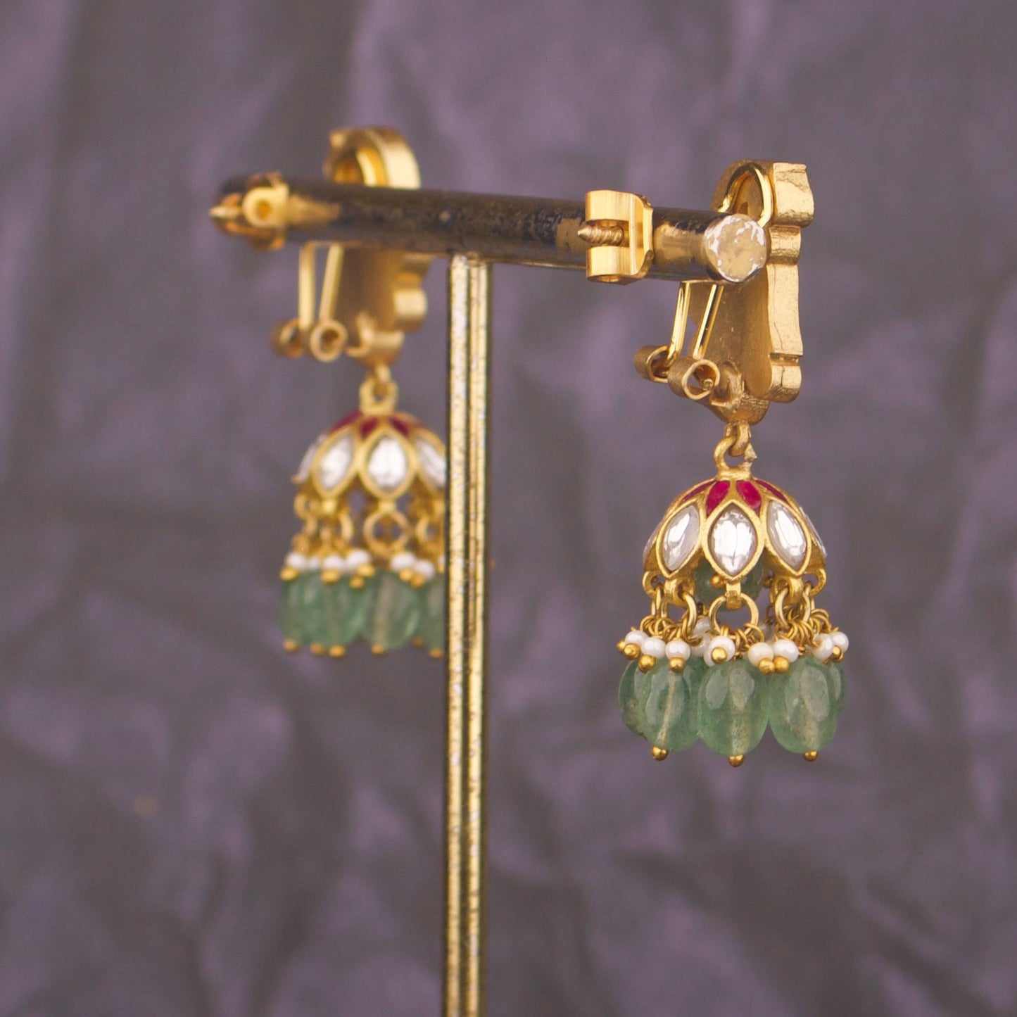 Mini Jadau Kundan Jhumki Earrings With Green Drops