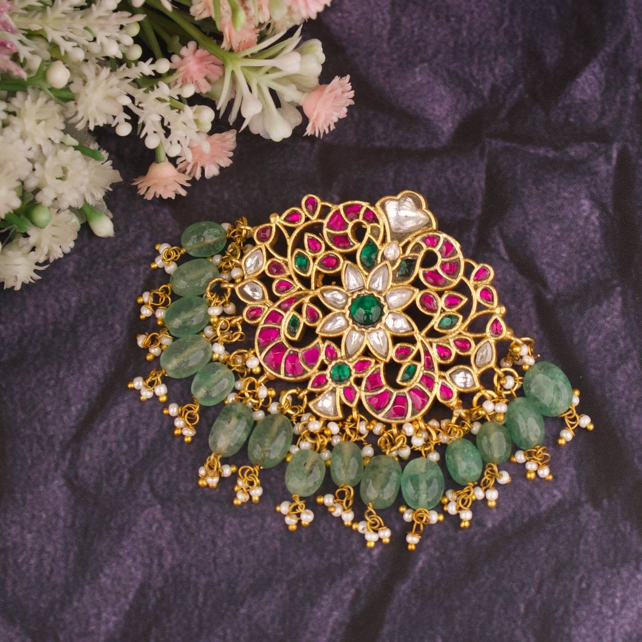 Majestic Jadau Kundan Pendant With Pearl & Beads Hanging