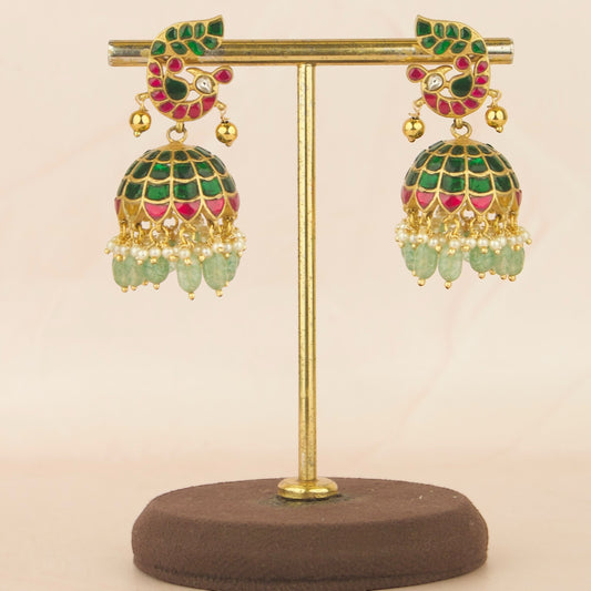 Elegant Peacock Jadau kundan Jhumka with rice pearls