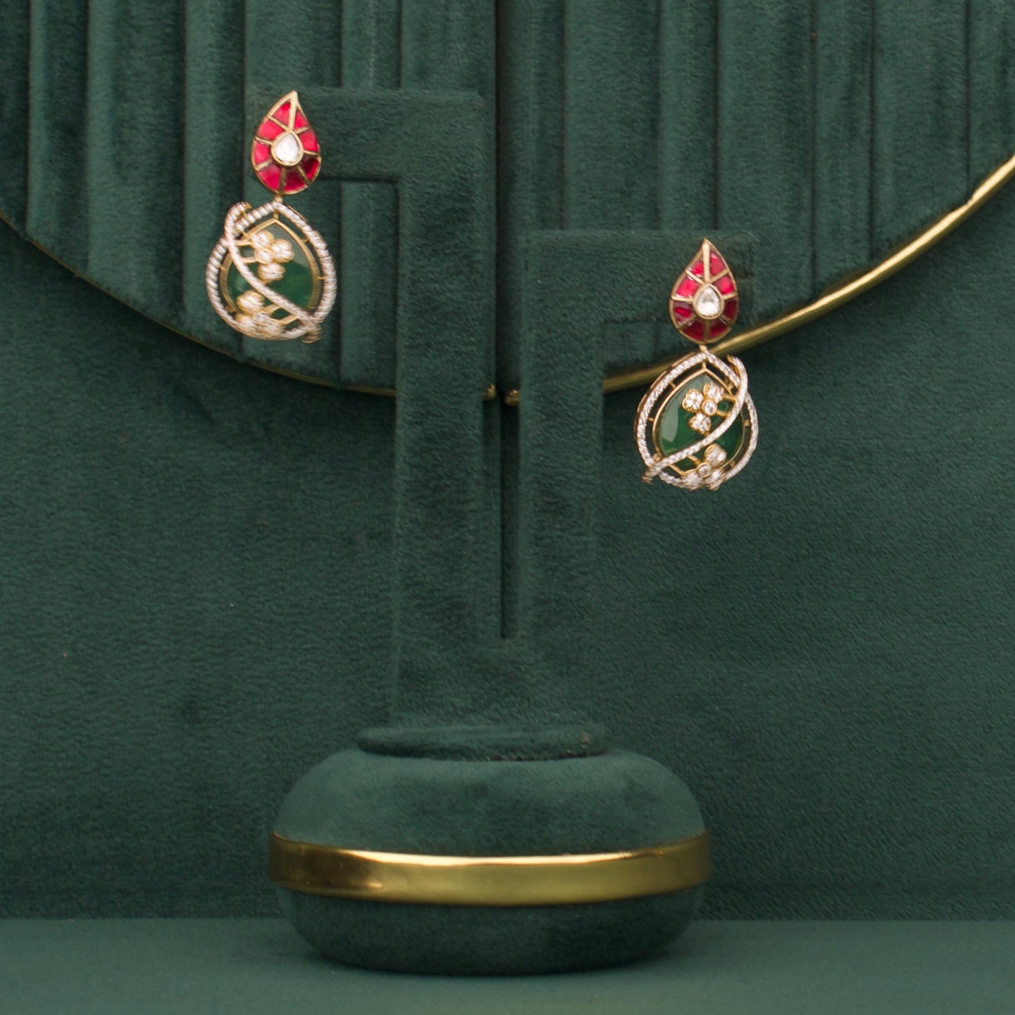 Classic Victorian Studs With Green Stone Drop Design