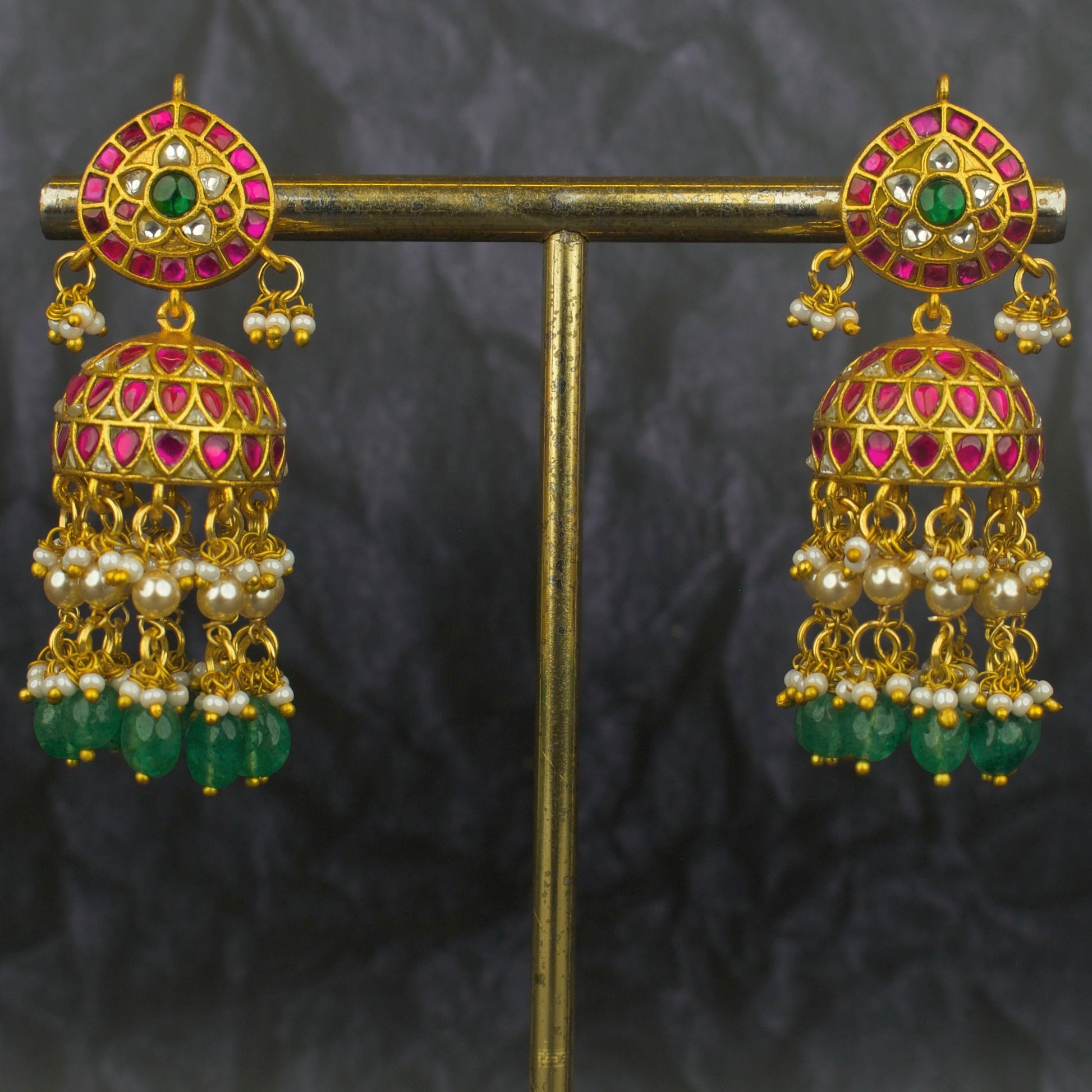 Charming Jadau Kundan Jhumki With Swarovski Pearl & Beads Hanging - DULHAN JEWELS