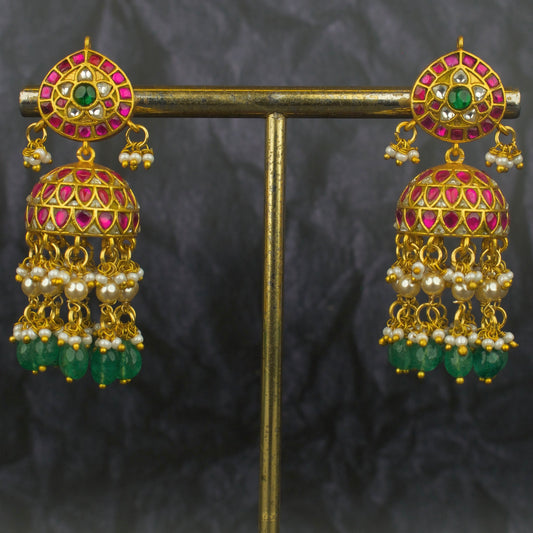 Charming Jadau Kundan Jhumki With Swarovski Pearl & Beads Hanging - DULHAN JEWELS