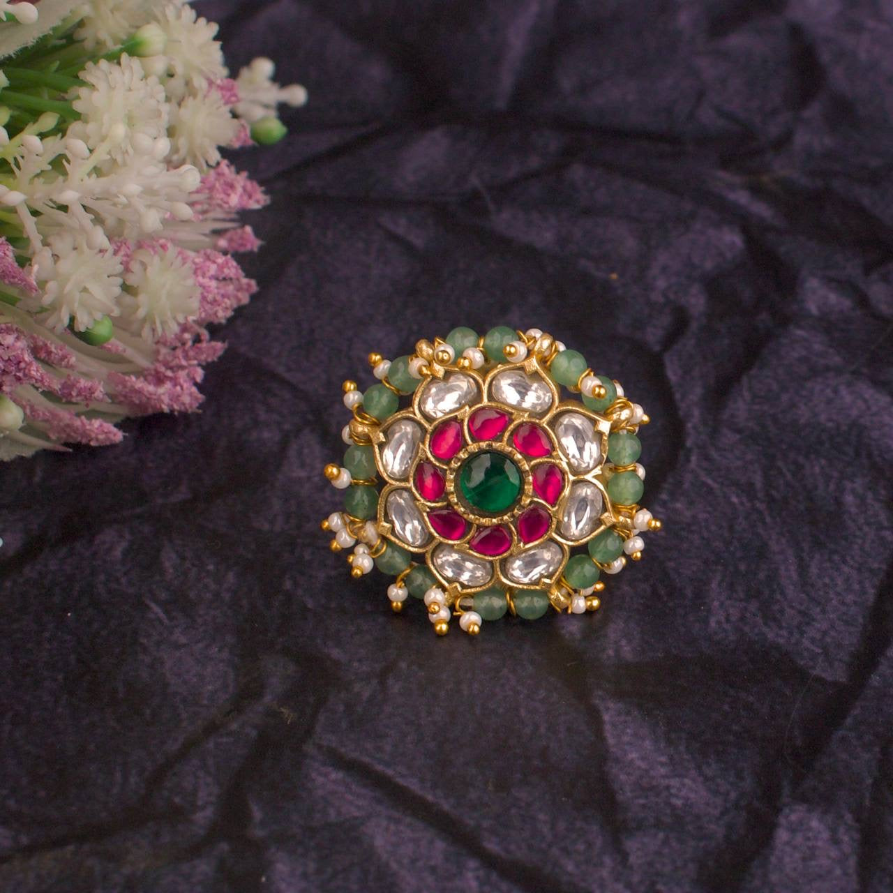 Floral Design Beads Border Jadau Kundan Finger Ring