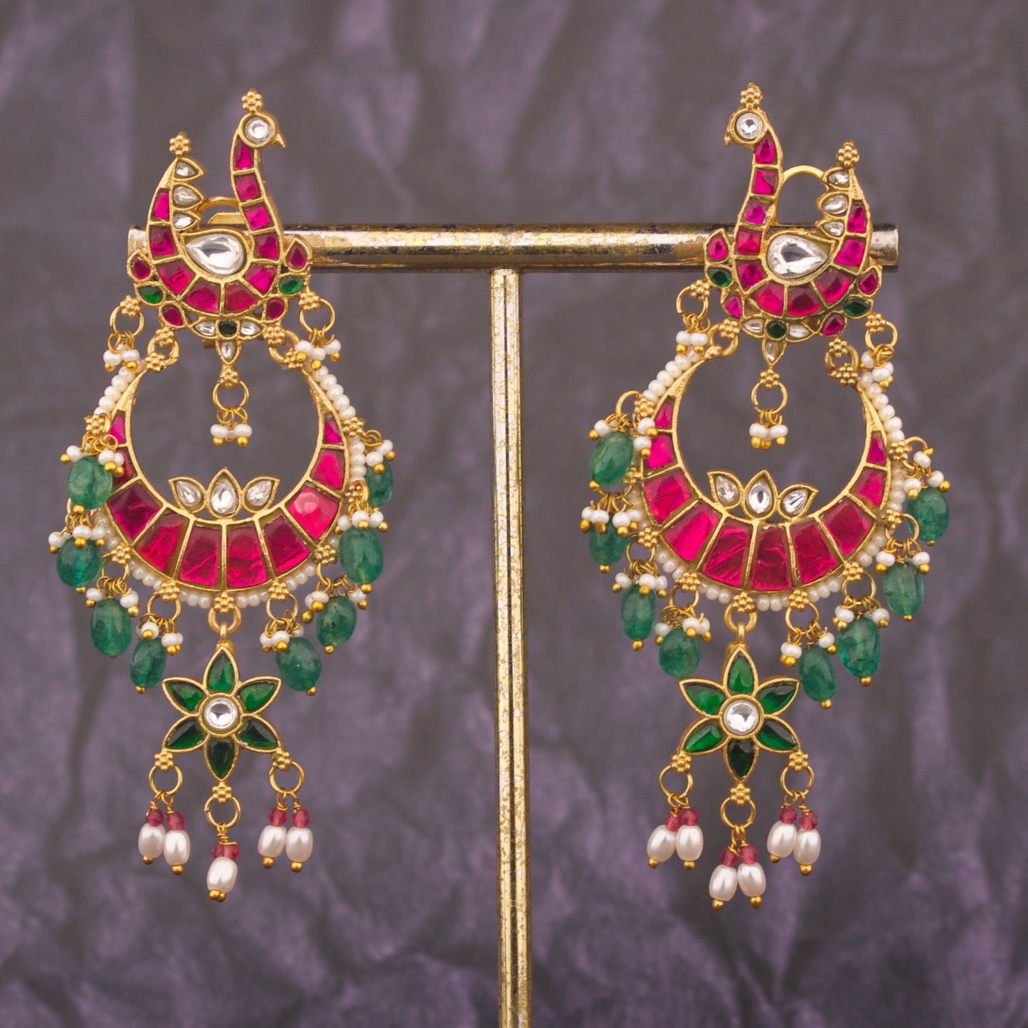 Stylish Jadau Kundan Chandbali Earrings With Green Drops