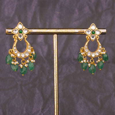 Classic Jadau Kundan Chandbali Earrings Emerald Green Bead Drops