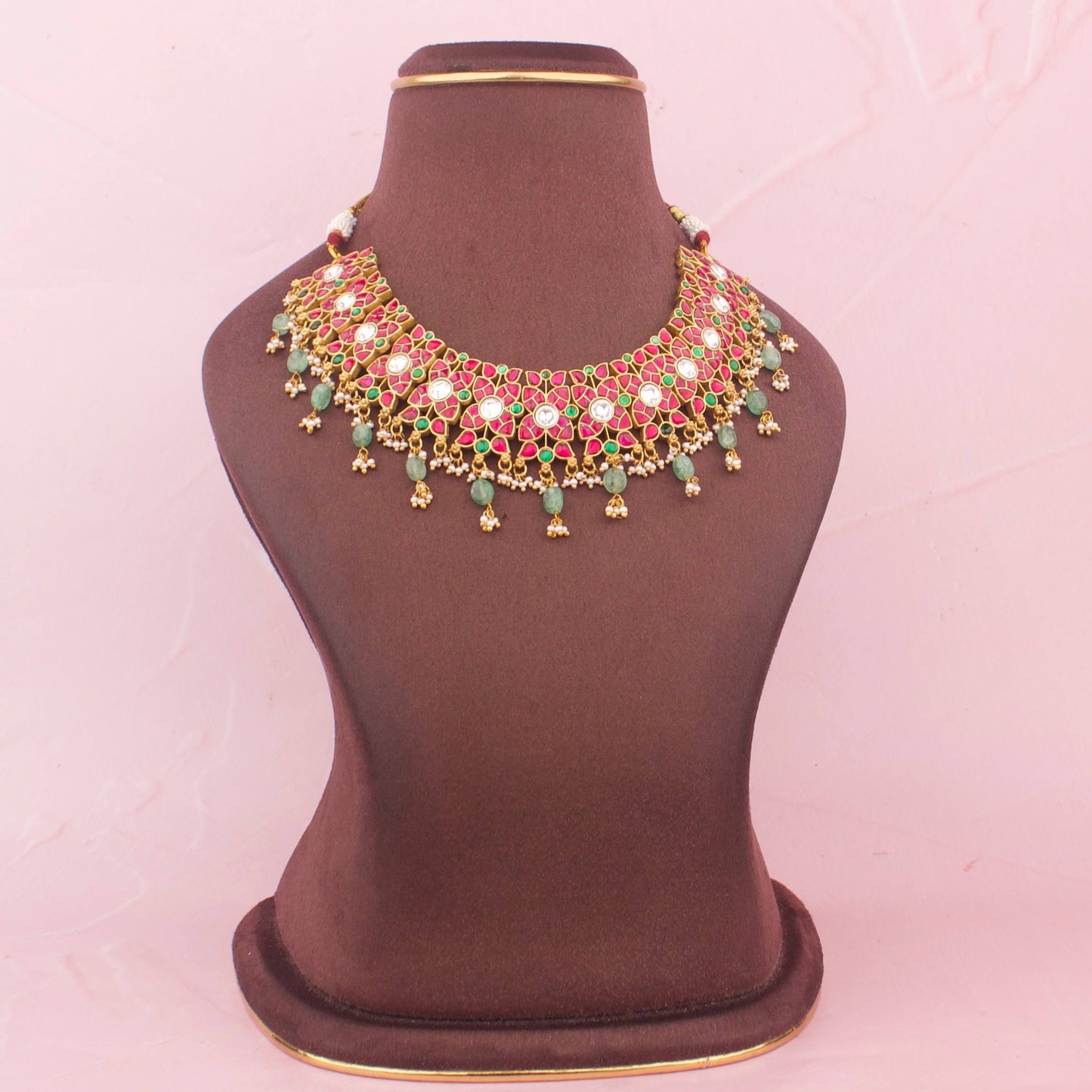Close-Up Detail View of Refined Multi Colored Jadau Kundan Necklace With Matching Earrings | Dulhan Jewels