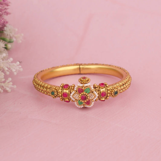 Designer Antique Gold Bracelet With Floral Design