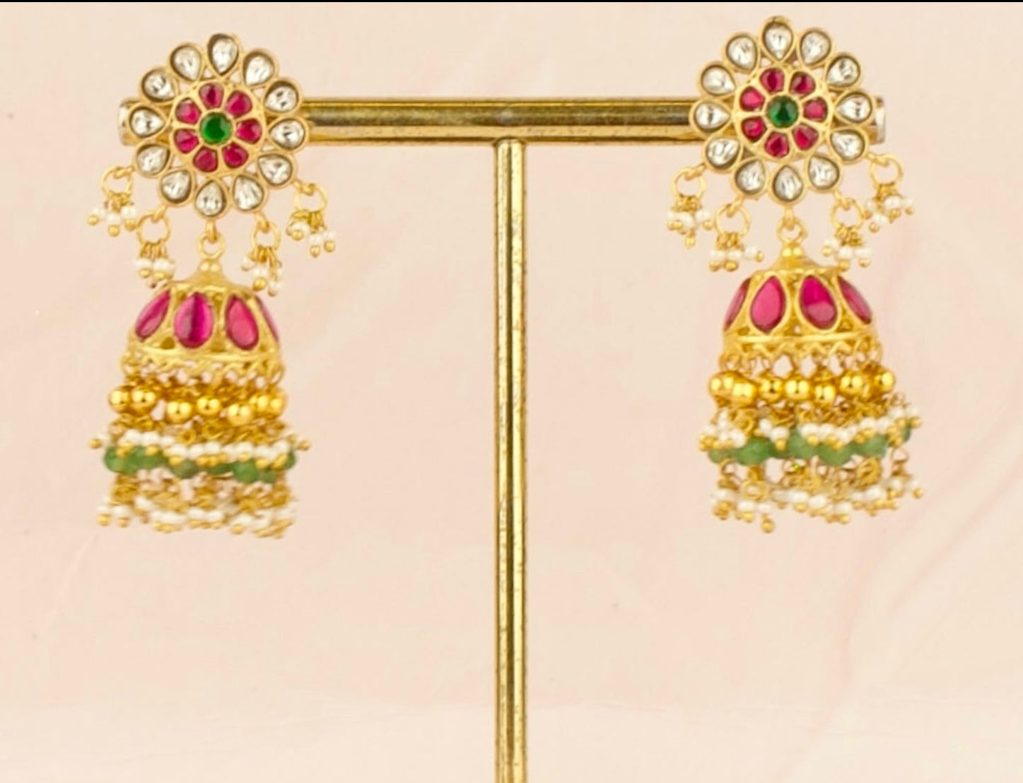 Gold inspired Floral Design Studded Jadau Kundan Jhumki with Beads - DULHAN JEWELS