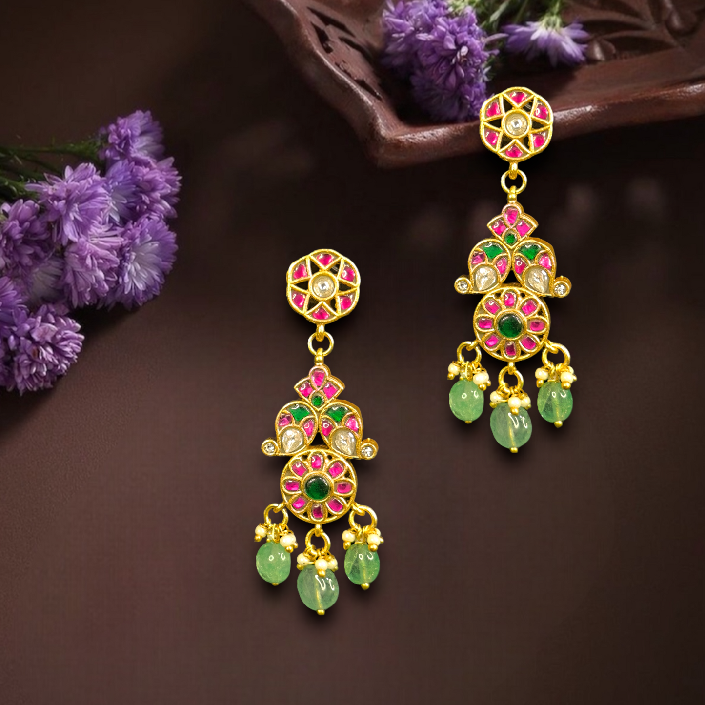 Gold Plated Jadau Kundan Hanging Earrings with beads drops