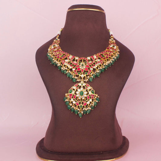 Multi Colored Jadau Kundan Stones Necklace With Swarovski Pearl & Beads Hangings