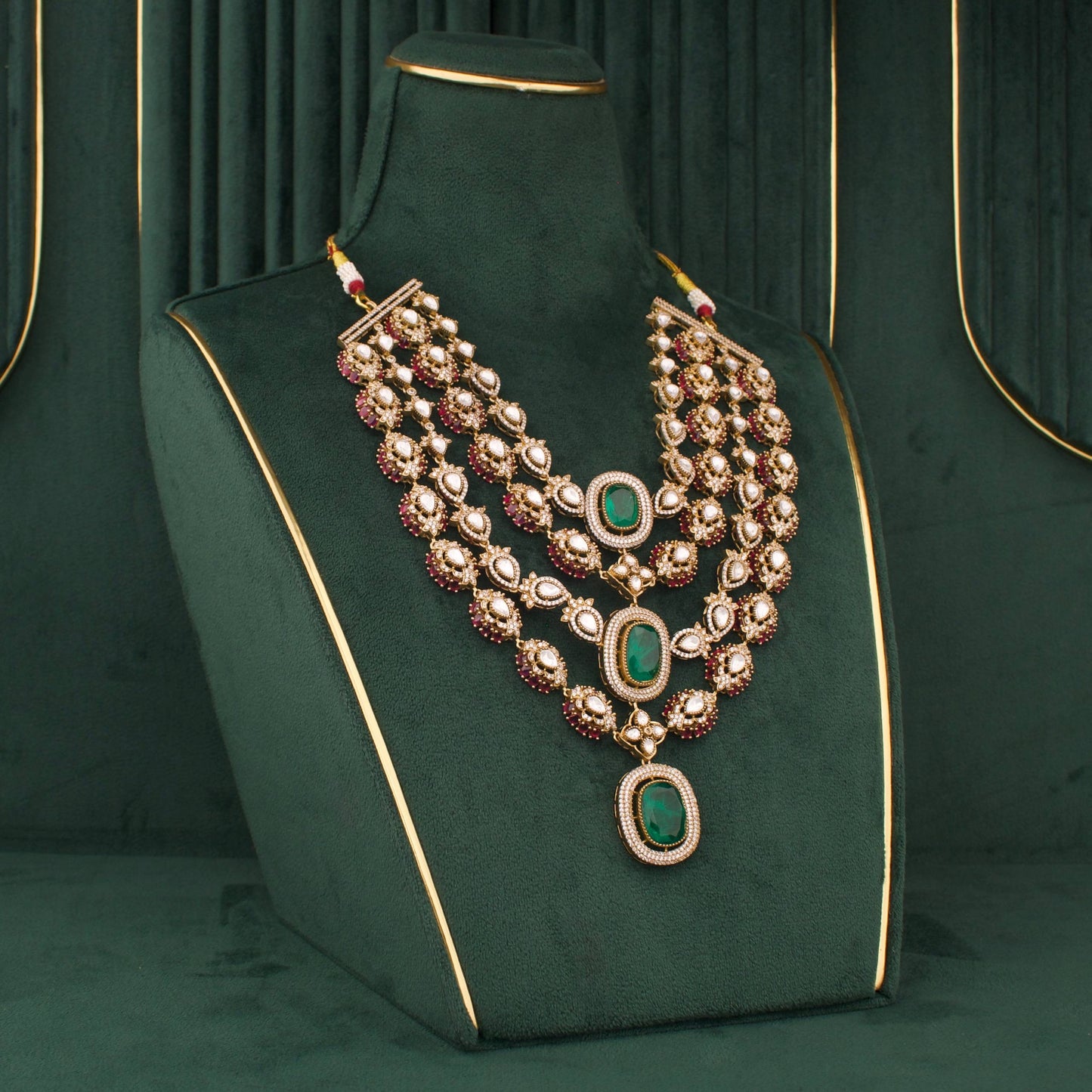 Royal Victorian Layered Polki Necklace Set With Emerald Green Stones And Matching Drop Earrings