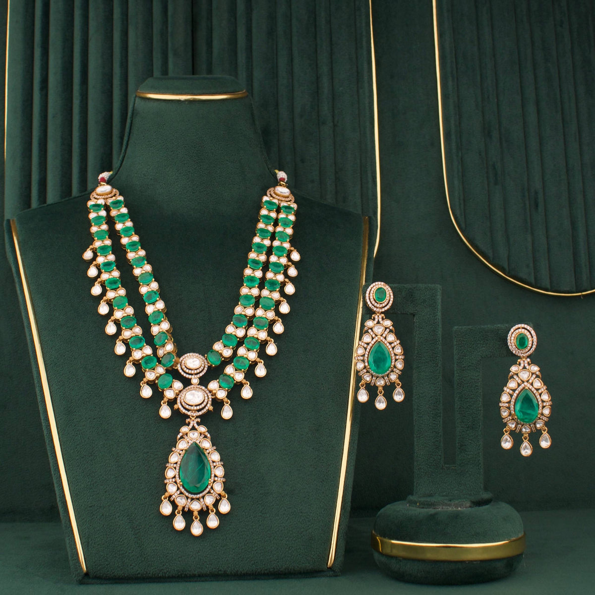 Ethnic Double Layer Victorian Necklace With Matching Earrings - Handcrafted Indian Bridal Jewelry by Dulhan Jewels