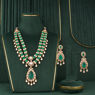 Ethnic Double Layer Victorian Necklace With Matching Earrings - Handcrafted Indian Bridal Jewelry by Dulhan Jewels