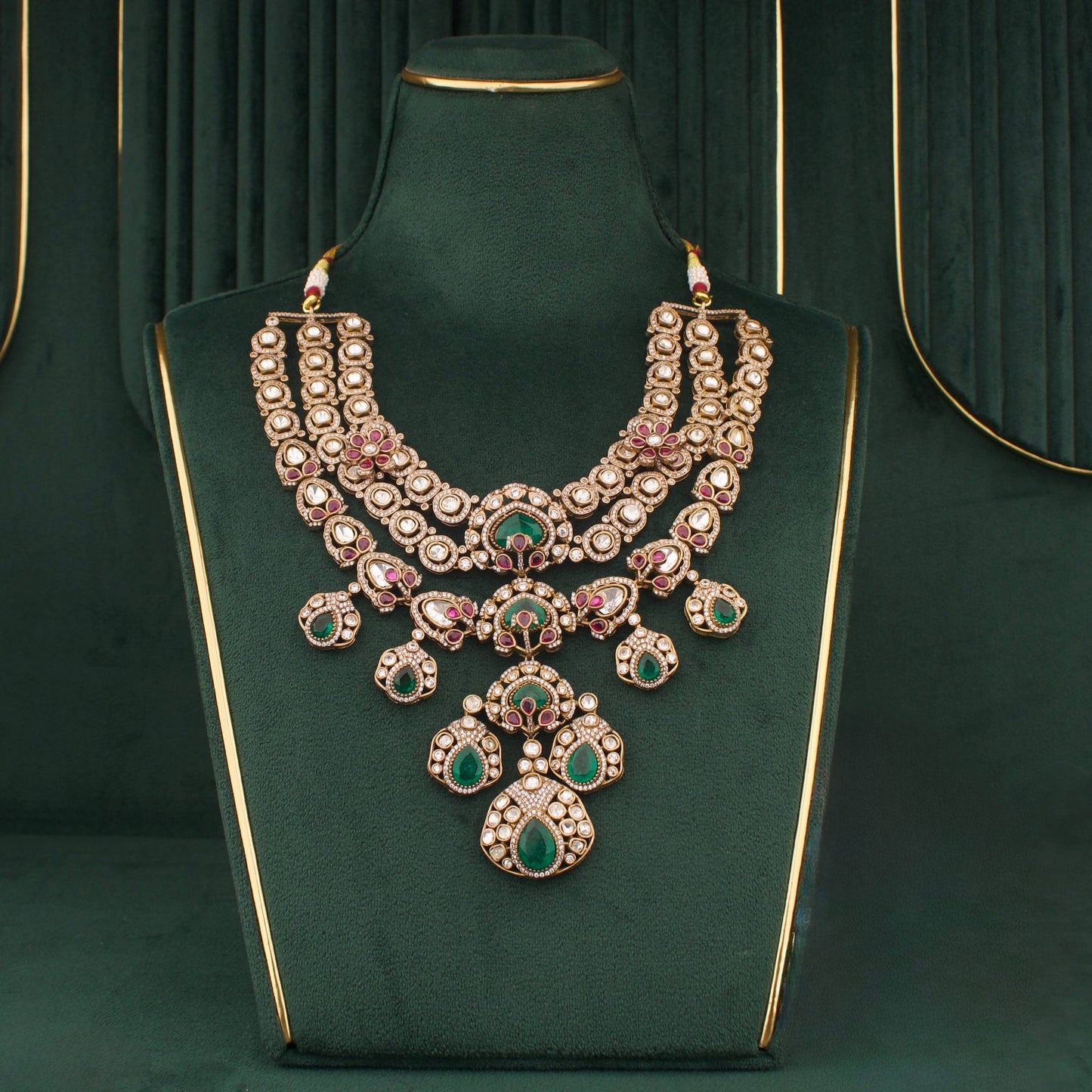 Victorian Ruby Emerald Polki Bridal Statement Necklace Set With Matching Earrings